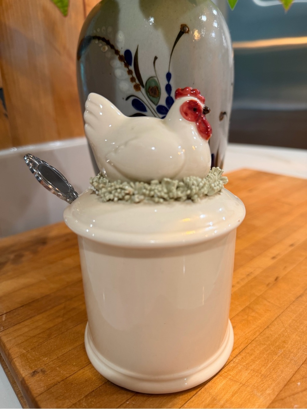 Vintage 1981 Fitz & Floyd Hen Chicken Condiment Jar with Spoon Cottage Farmhouse